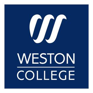 The weston college logo on a blue background.