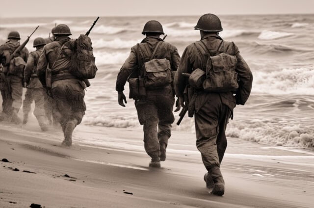American soldiers walk along the beach along the coast. View from the back. World War II